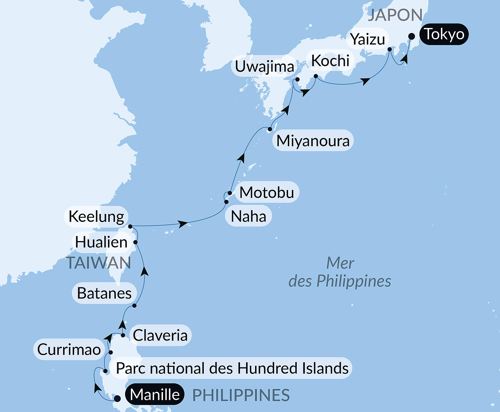 Carte itinéraire — Philippines, Taiwan et Japon