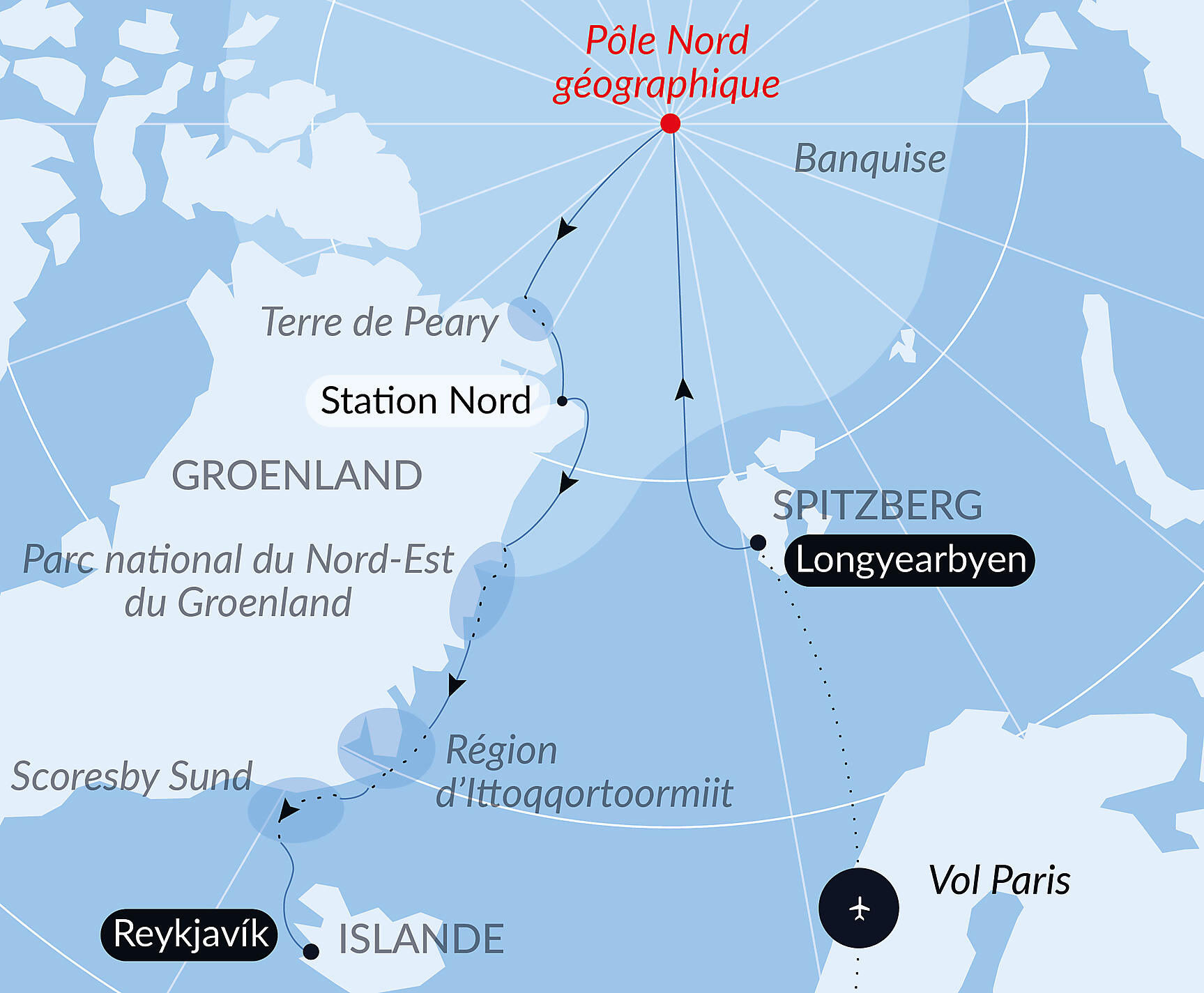 Carte itinéraire — Le pôle Nord géographique et exploration du Groenland septentrional