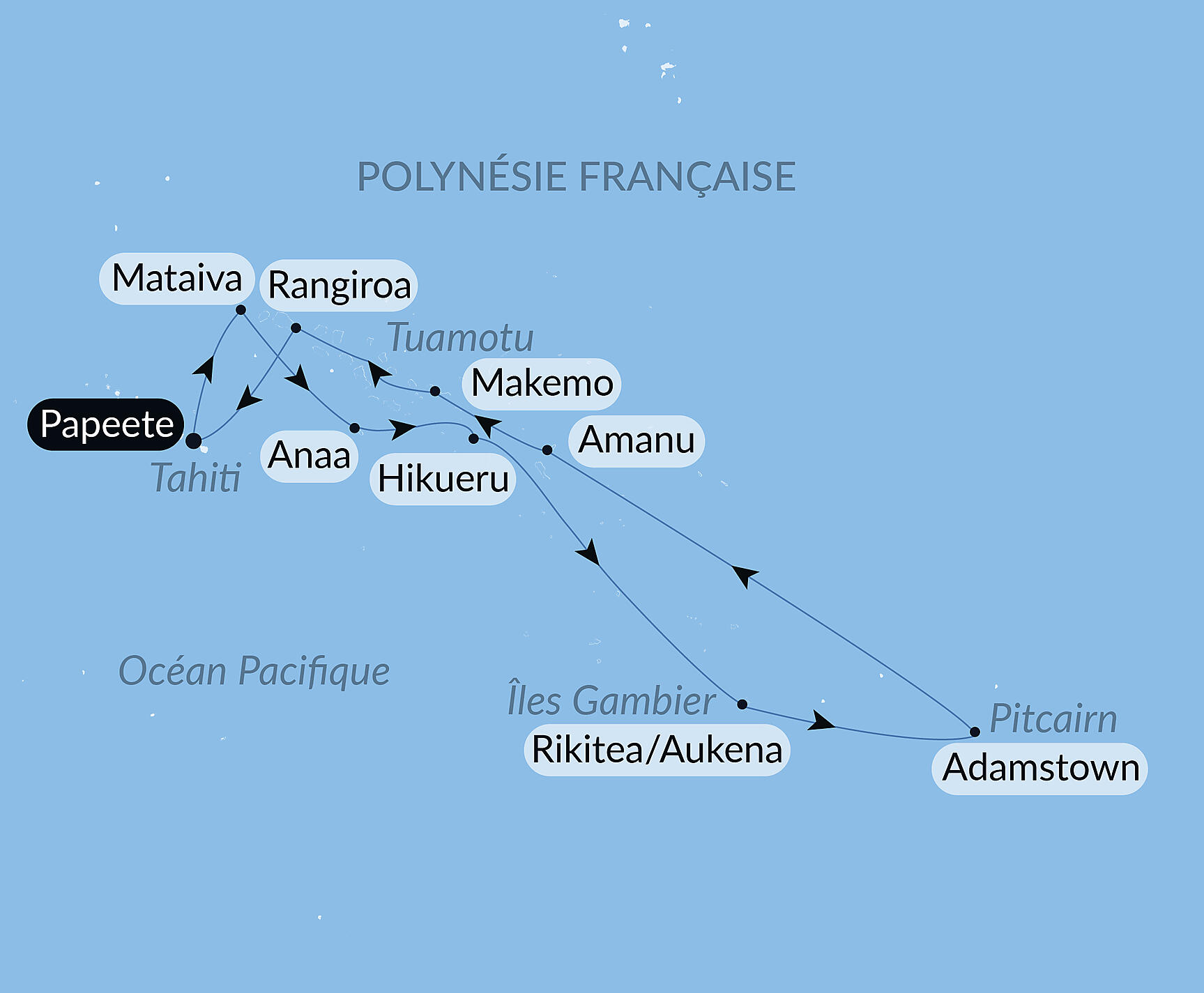 Carte itinéraire — Polynésie française confidentielle et île Pitcairn