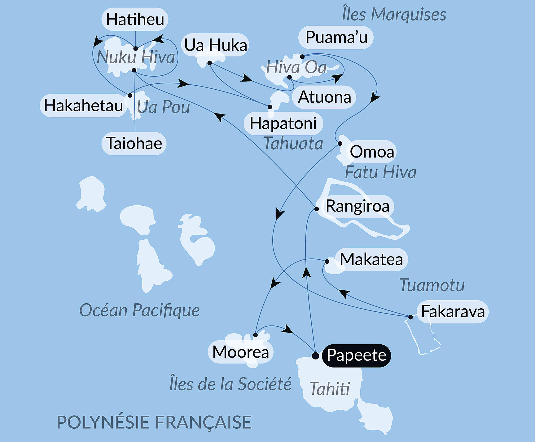 Carte itinéraire — Polynésie secrète : Tuamotu inédites, îles Marquises et îles de la Société