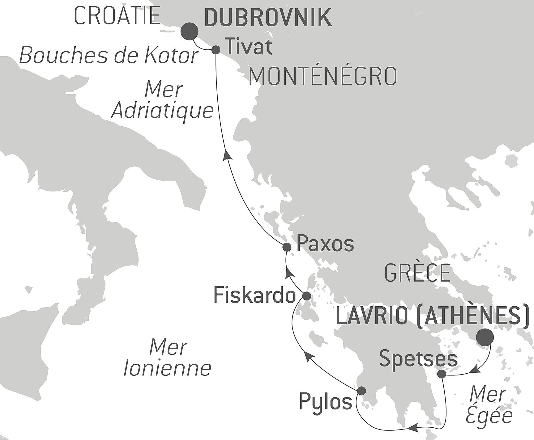 Carte itinéraire — Le Ponant d'île en île, d'Athènes à Dubrovnik