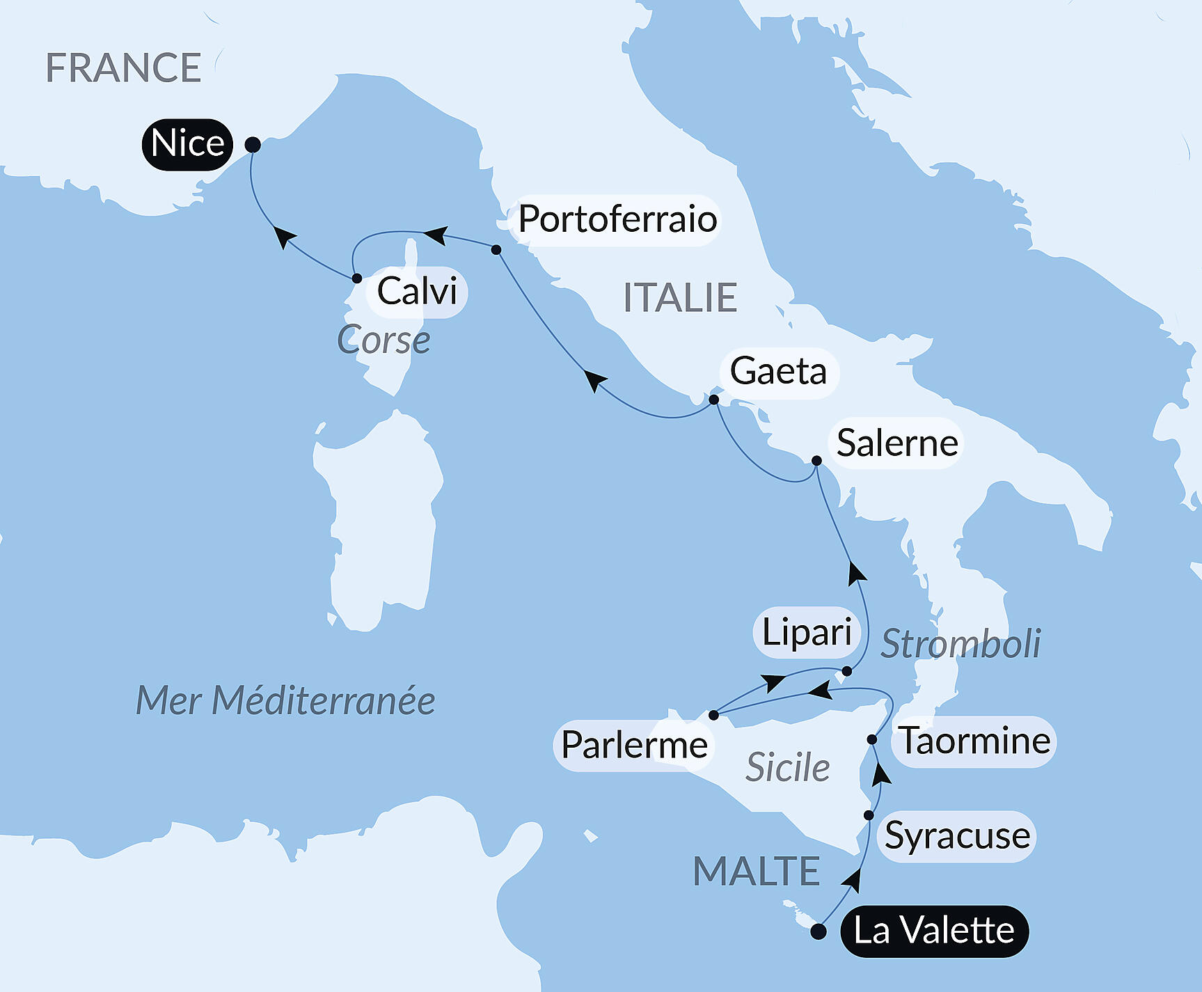 Carte itinéraire — Rivages italiens et île de Beauté