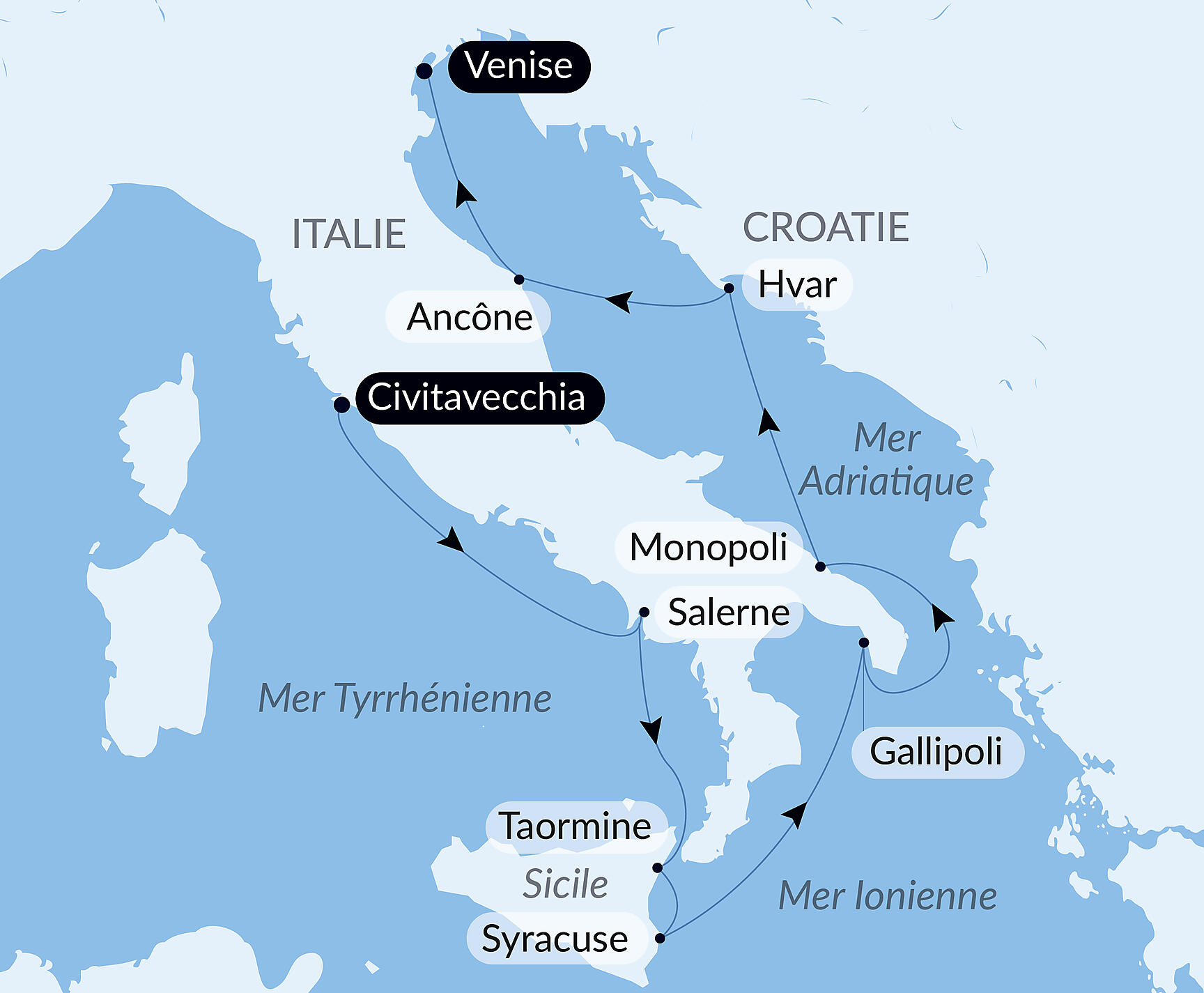 Carte itinéraire — Rivages légendaires d’Italie et de Croatie