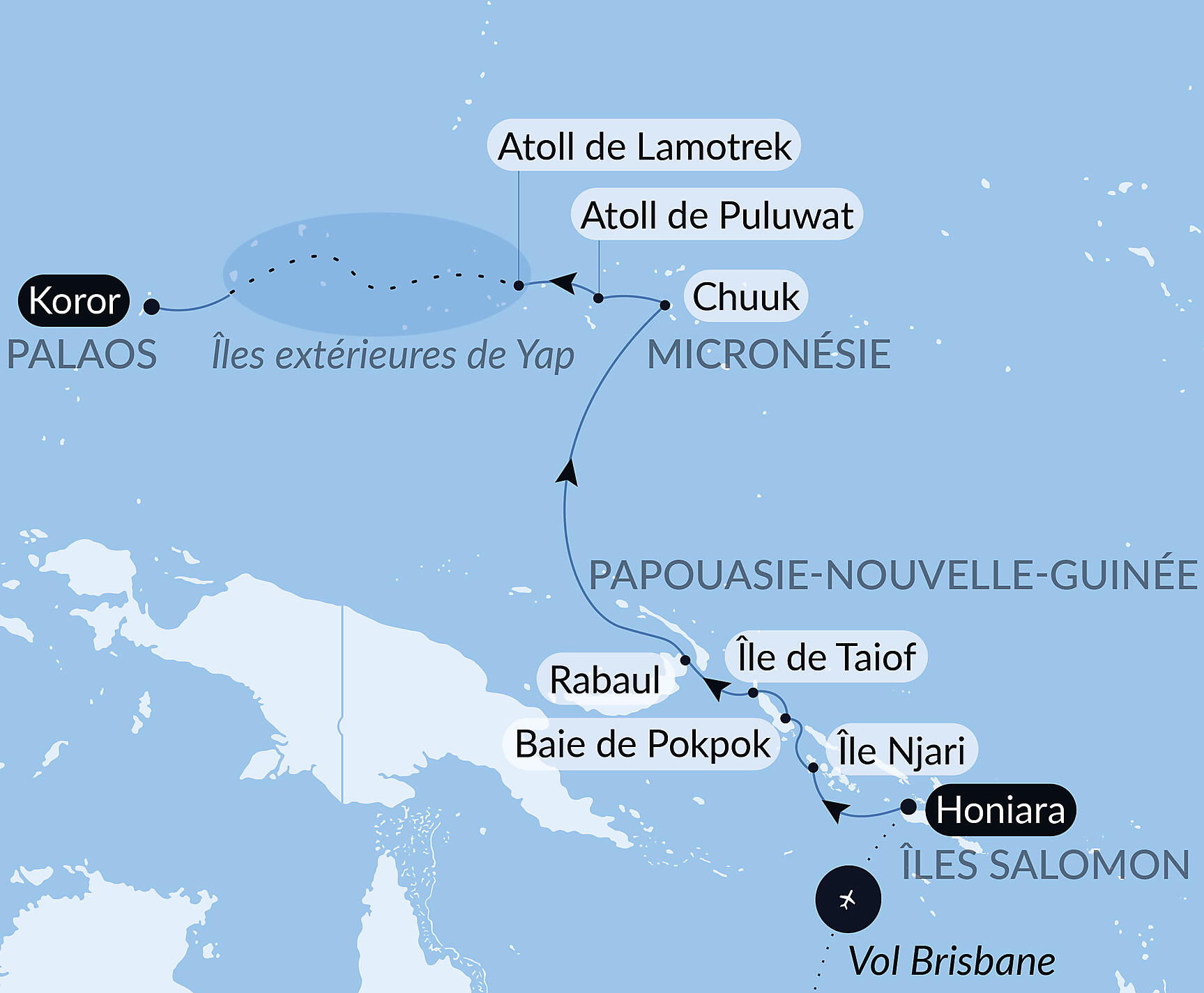 Carte itinéraire — Secrets du Pacifique des Îles Salomon à Palau