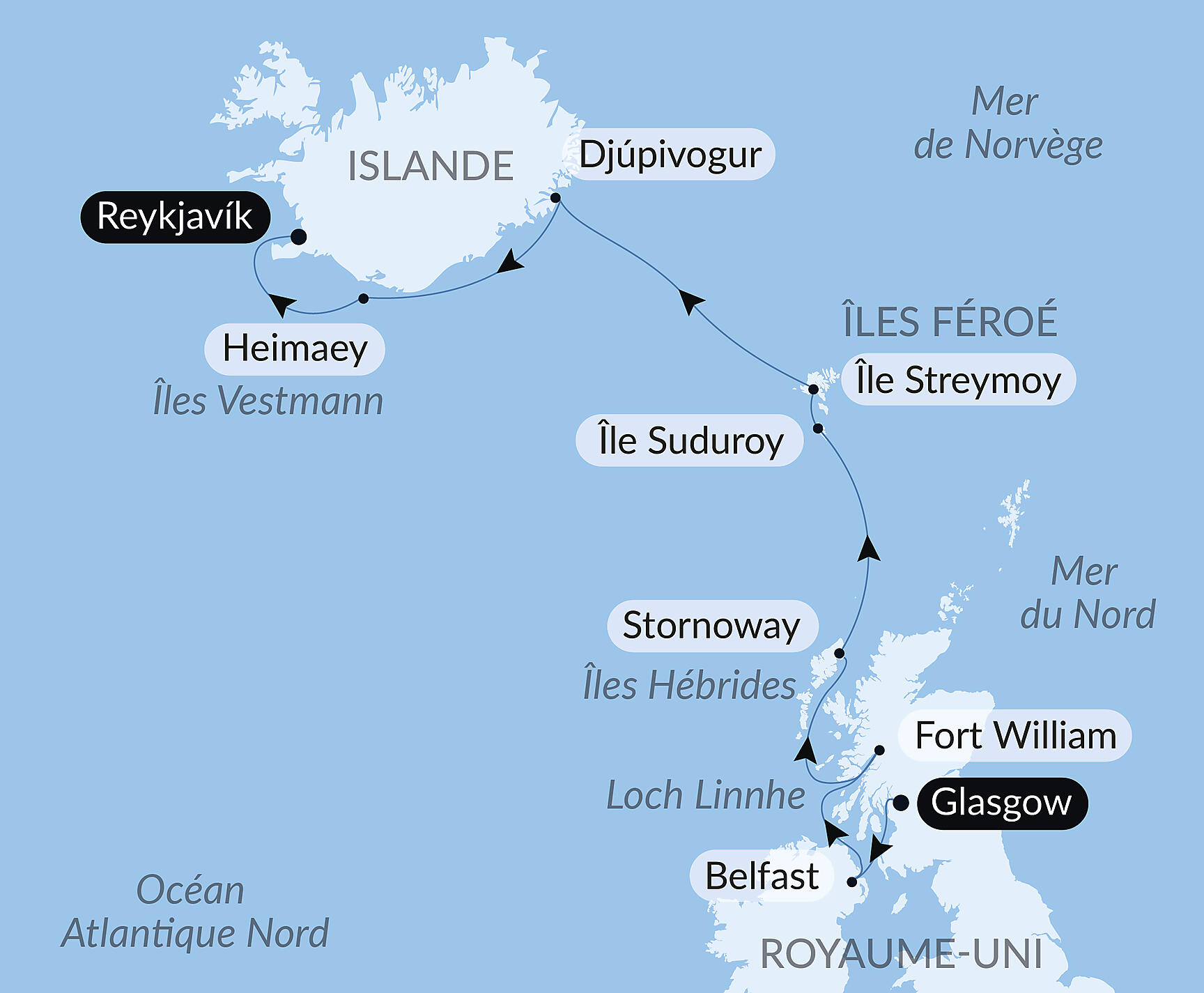 Carte itinéraire — Territoires sauvages d'Écosse, des îles Féroé et d'Islande