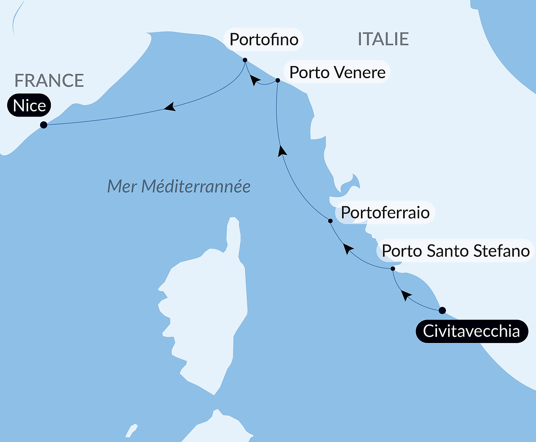 Carte itinéraire — Toscane, Ligurie et Côte d’Azur