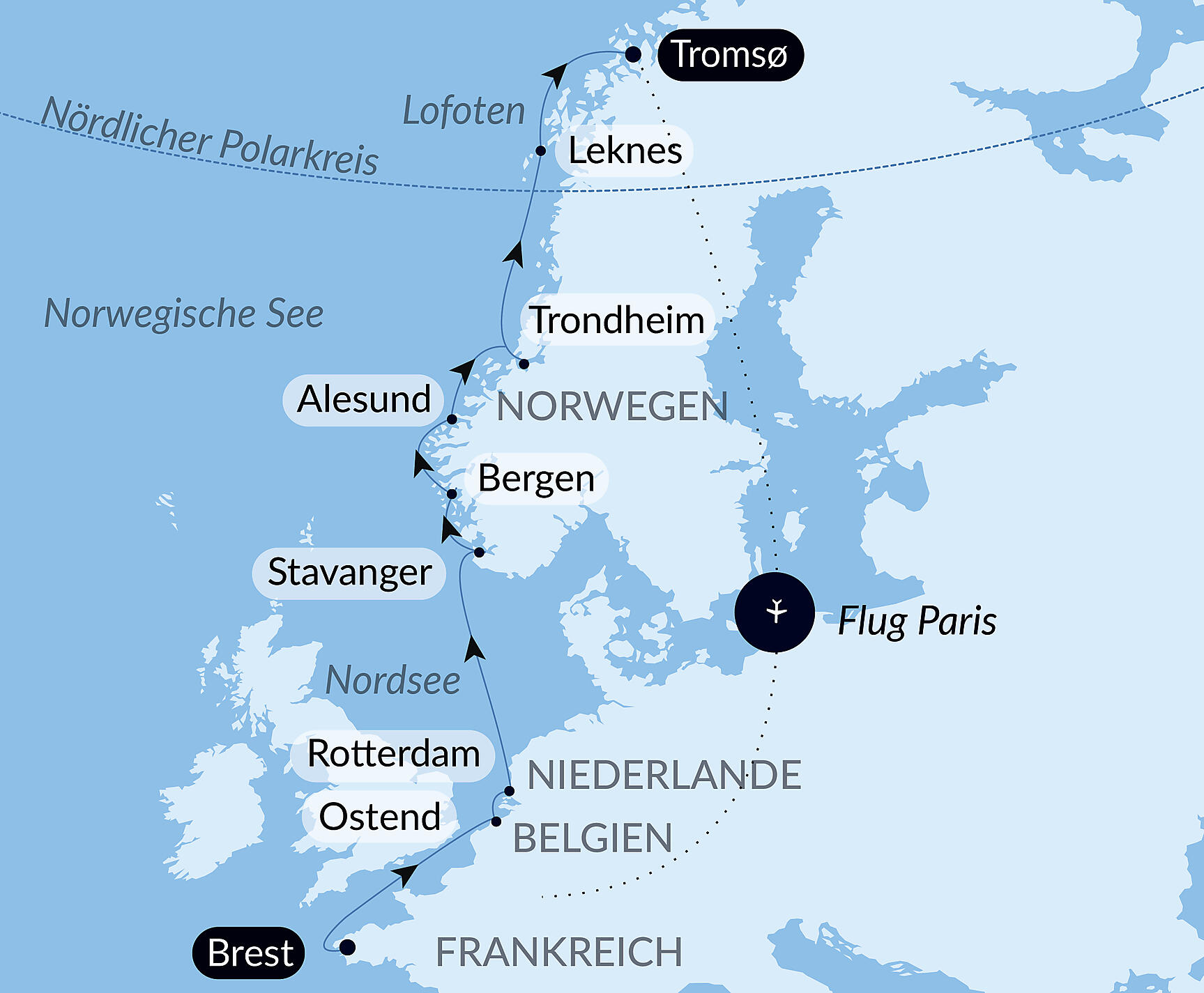 Carte itinéraire — Trésors des mers du Nord et de Norvège