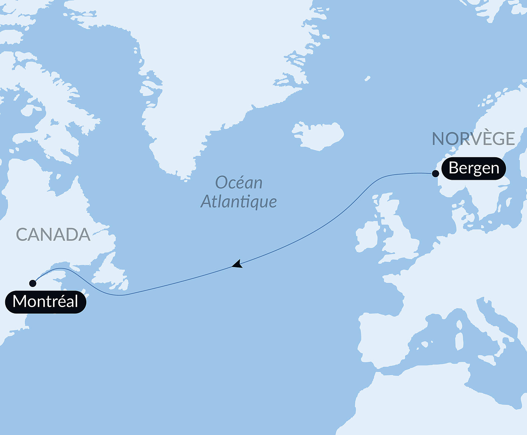 Carte itinéraire — Voyage en mer : Bergen-Montréal