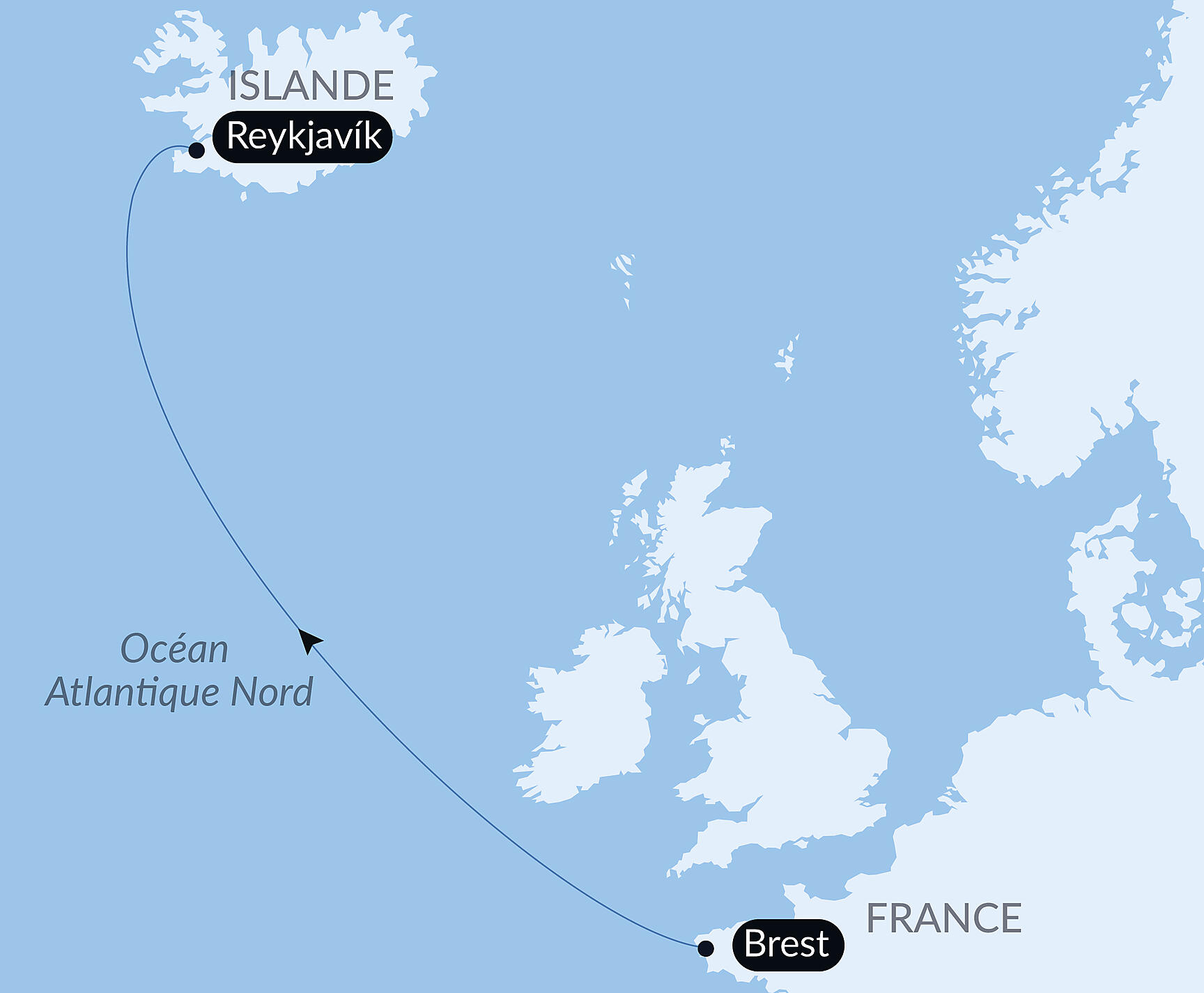 Carte itinéraire — Voyage en mer : Brest-Reykjavik