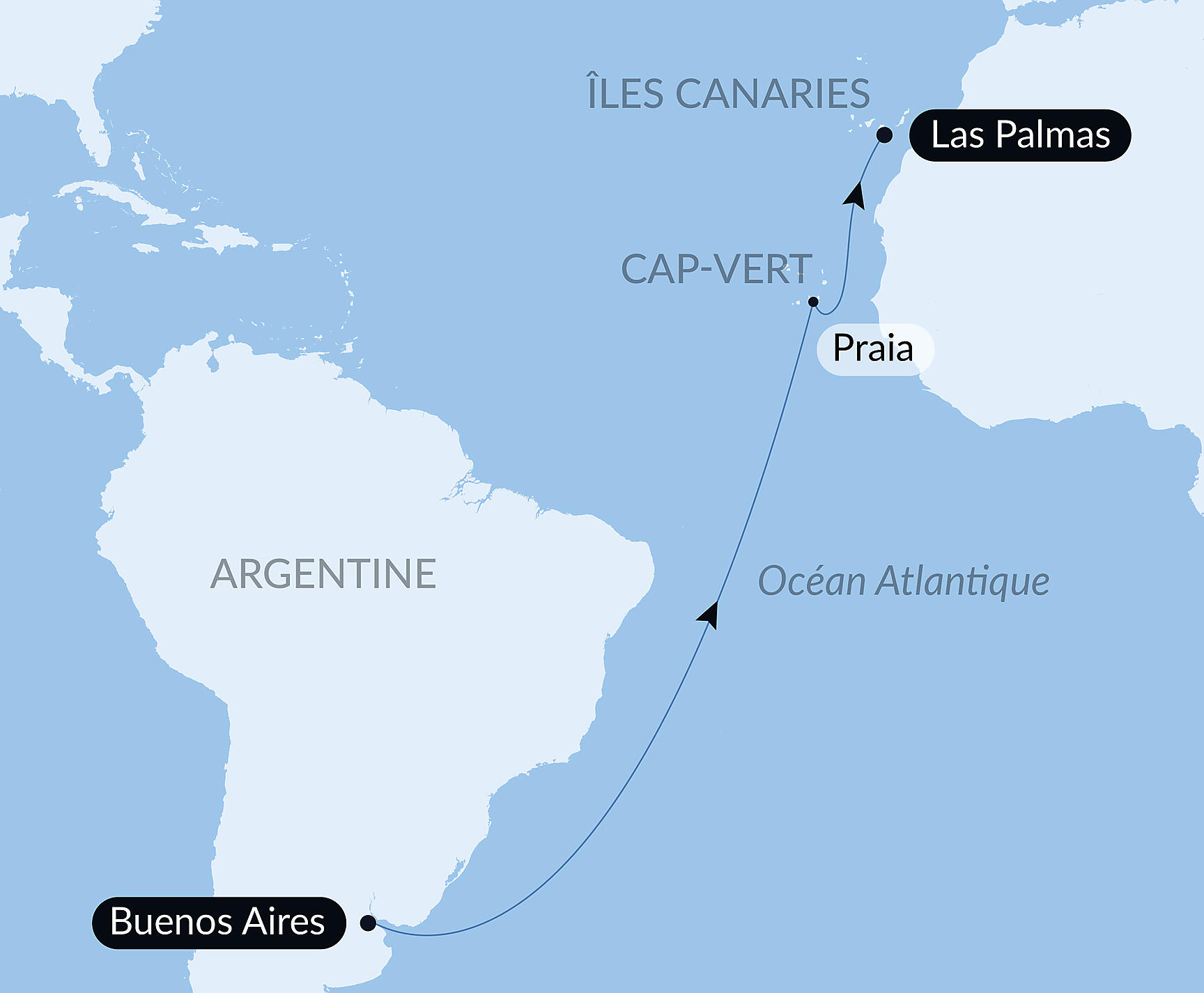 Carte itinéraire — Voyage en Mer : Buenos Aires - Las Palmas de Gran Canaria