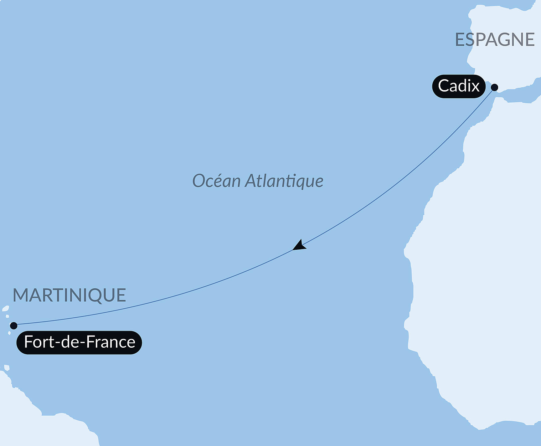 Carte itinéraire — Voyage en Mer : Cadix - Fort de France