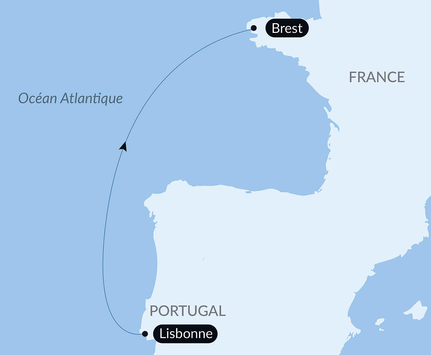 Carte itinéraire — Voyage en Mer : Lisbonne - Brest