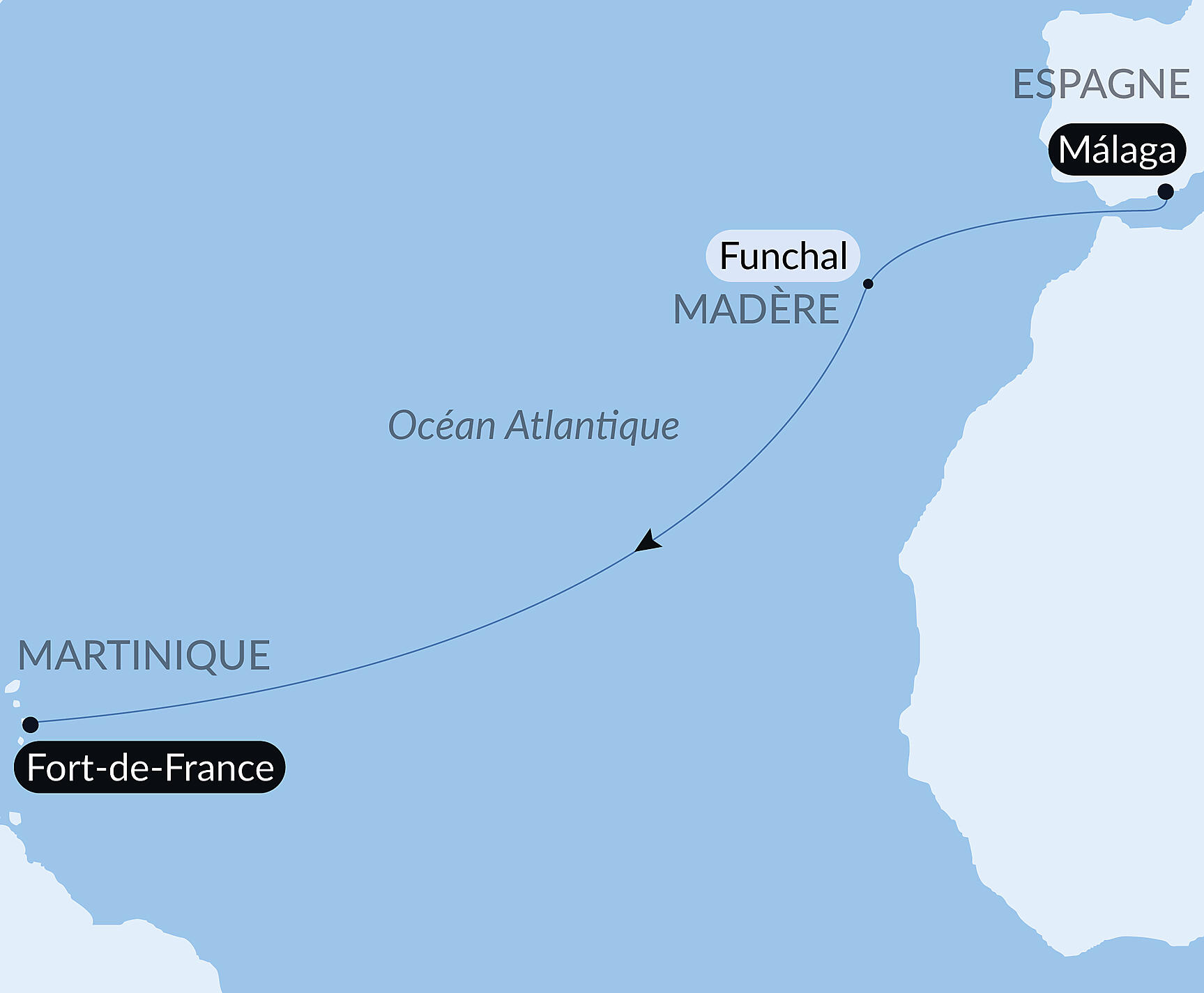 Carte itinéraire — Voyage en Mer :Malaga - Fort de France