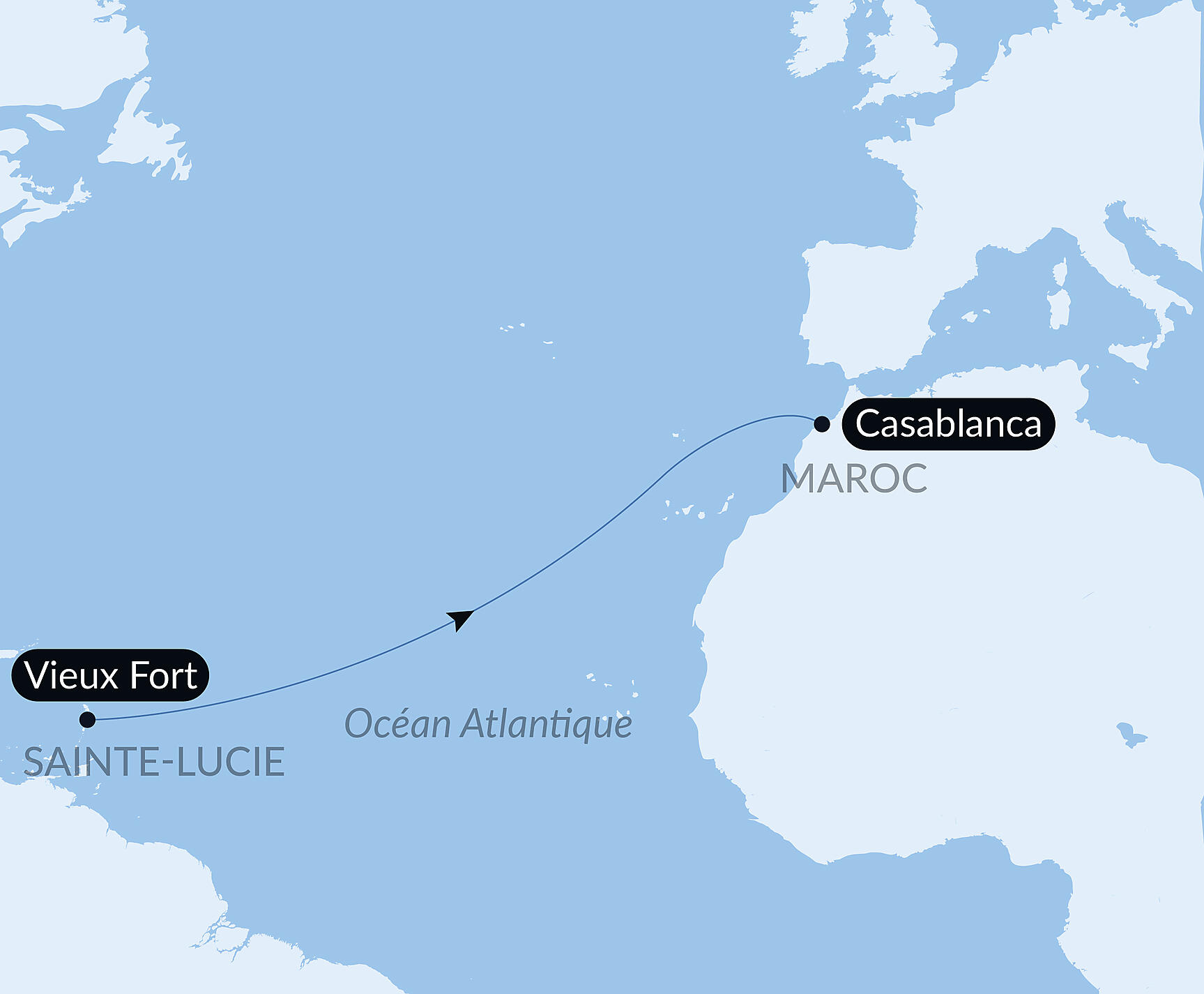 Carte itinéraire — Voyage en Mer : Vieux Fort - Casablanca