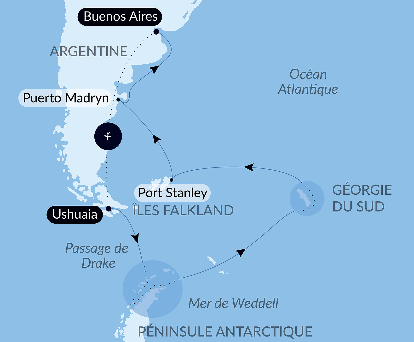 Carte itinéraire — Voyage en terres australes et péninsule Valdés